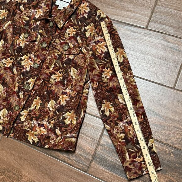 AUTUM LEAVES CHRISTOPHER BANKS Faux Suede JEAN JACKET Stretch Brown Orange PM - Picture 5 of 7